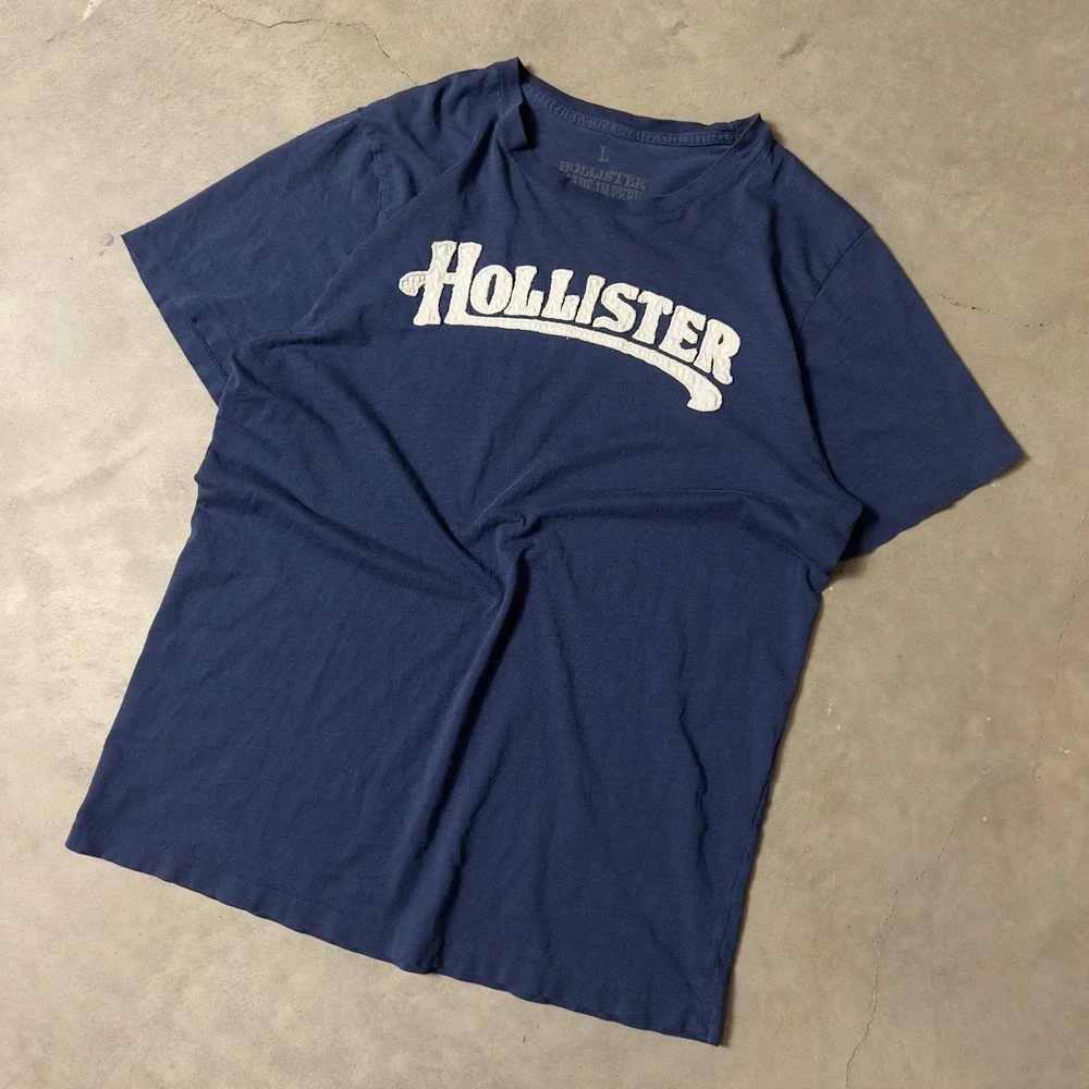 Hollister Graphic Tee Mens Large Navy Blue Arched Logo Short Sleeve Casual Surf
